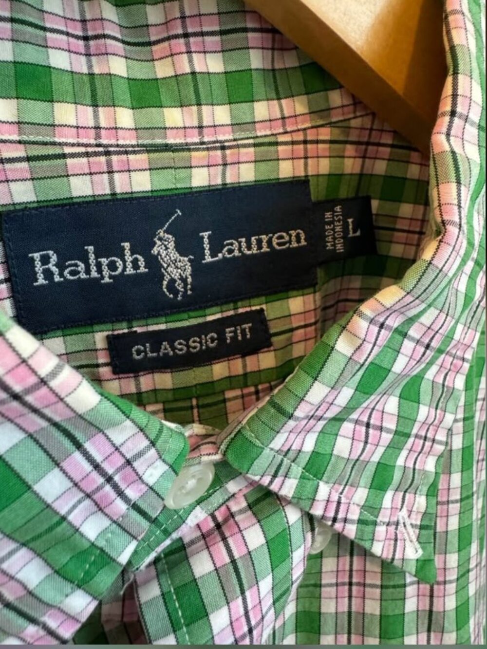 Ralph Lauren Classic Fit Button Down Green & Pink Plaid Short Sleeve Large Men's